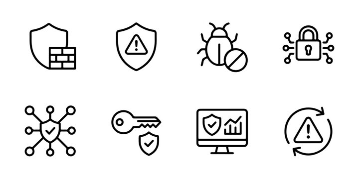 Cybersecurity icon set with outline firewall bug antivirus key lock for security app UI