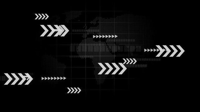 Dark tech background with glowing arrows moving right over a dotted world map animation