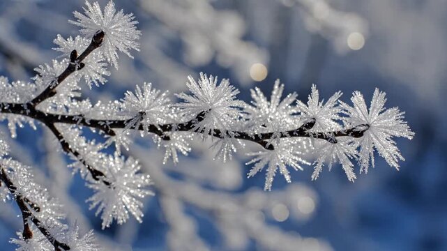 Delicate frost crystals adorning a winter tree branch in a sharp macro focus against a soft, blurred background