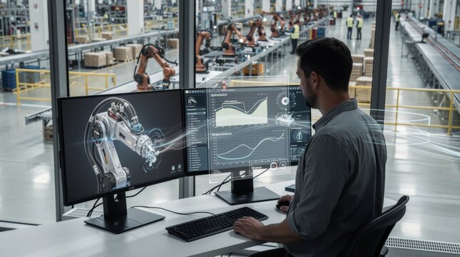 Engineer Analyzing Robotic Arms on Computer Monitors in Factory