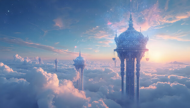 Floating futuristic towers in sky with clouds