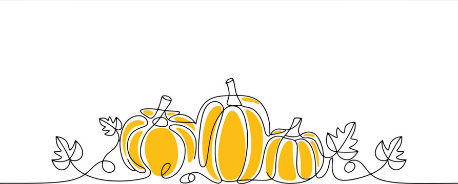 Continuous line of a group of four yellow pumpkins with black outlines and decorative leaves and vines on a white