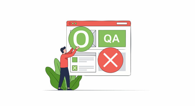 QA Testing and Quality Assurance Concept Illustration with Man, Browser Interface, and Pass Fail Icons