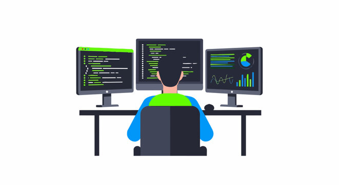 Software Developer or Data Analyst Working at Desk with Multiple Screens and Coding Interfaces Flat Illustration