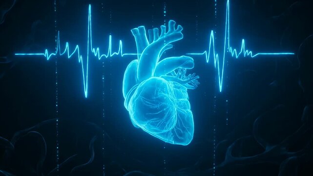 Reacting to ECG appearance, 3D heart model shifting color, pulsing in medical display to map ECG
