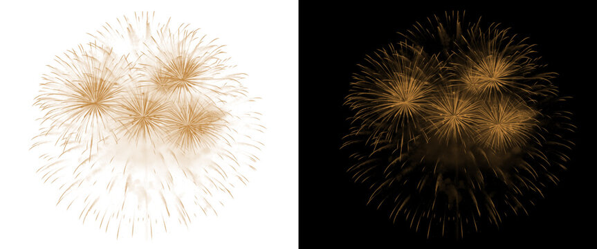Golden fireworks burst on black and white backgrounds. Sparkling firework display for celebration. Festive pyrotechnic light show.