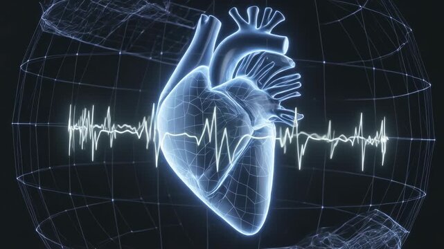 Rotating 3D heart pulsing as ECG trace driving glow inside wire grid, revealing right-side anatomy