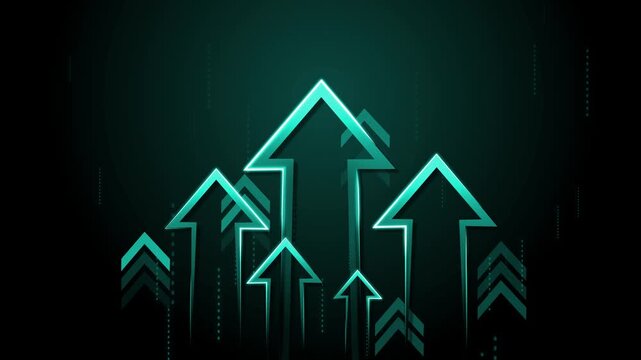 Glowing arrows pointing upward on dark gradient background animation, futuristic business growth concept, neon outlines and motion effects