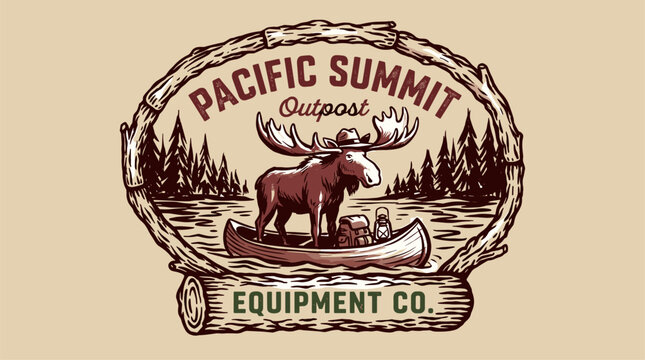 Pacific summit outpost. Mountain adventure vintage print design for t shirt. Explore more. Moose in canoe graphic.