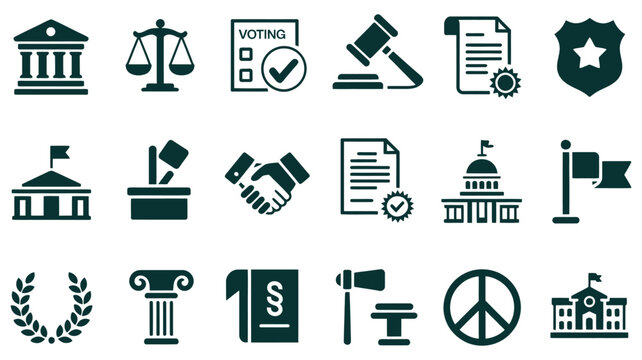 Law and government icons featuring scales of justice, gavel, voting ballot, and court buildings in green style for legal services, judicial systems, and civic administration.
