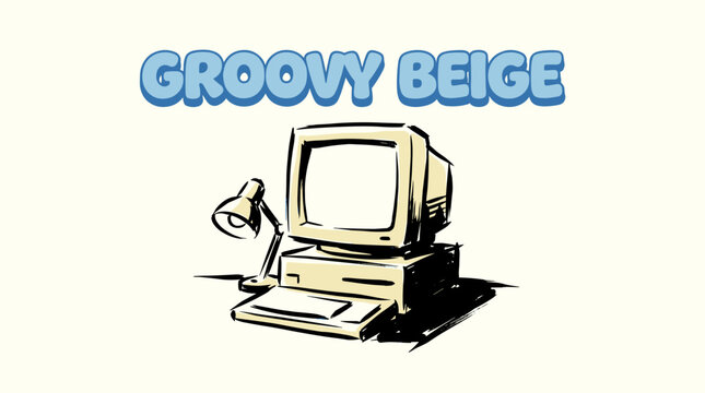 Groovy beige. Retro computer vintage print design for t shirt. 90s technology nostalgia. Desktop pc artwork.