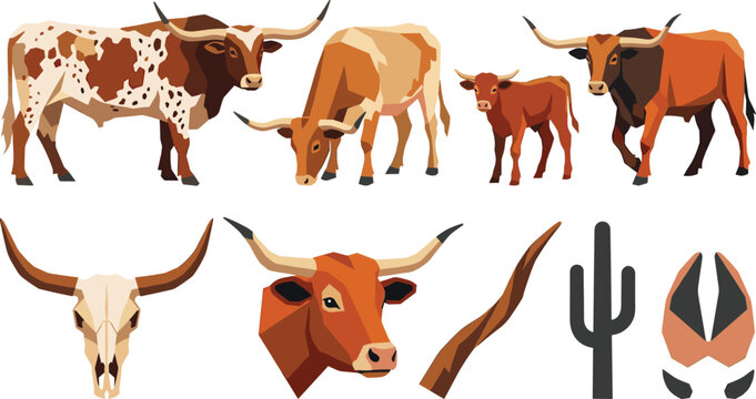 Texas Longhorn Cattle Vector Collection Featuring Cow Bull Calf Horn Skull Hoof Print and Western Ranch Elements
