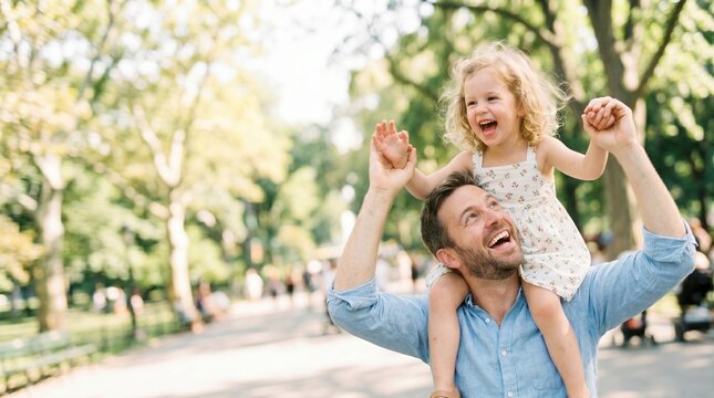 Pai carrega filha no colo sorrindo em parque