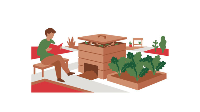 Man reading book near compost bin and garden, sustainable living concept