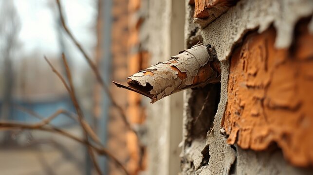 Close up of a rusty pipe protruding from a weathered brick wall.