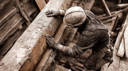 Fototapeta premium Construction worker in hard hat and gloves working on wooden beams.