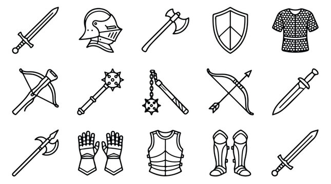 Medieval knight armor and weapon icons set, 15 outline vector elements of middle ages equipment, ancient warrior battle gear and combat tools