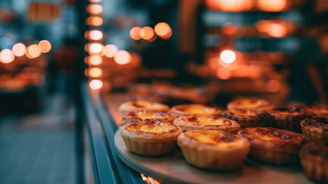 Paris France Europe lifestyle. A closeup shot of a bakery counter displays a collection of freshly baked tarts. The tarts are goldenbrown in color and have a flaky crust.