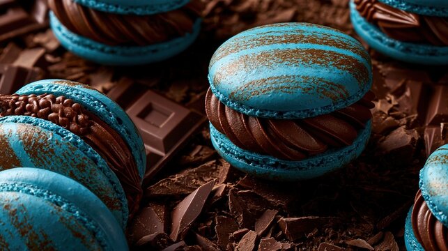 Paris France Europe lifestyle. A closeup shot of a collection of macarons, each with a distinct blue hue and a rich, dark chocolate interior.