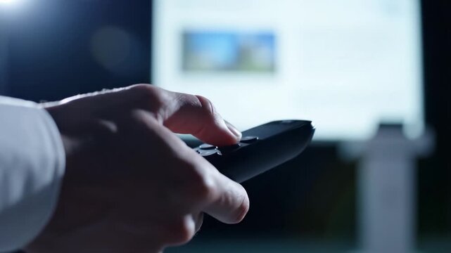 Close-up of a hand holding a remote control pointing at a blurred TV screen. Relaxing home entertainment concept in a dark room. Suitable for technology and lifestyle media.
