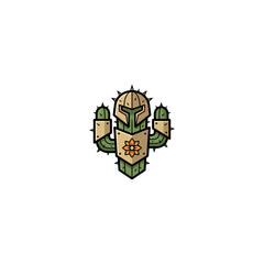 Fototapeta premium Cactus Armor Badge Showing A Green Spiky Cactus Wearing A Medieval Knight Helmet And Shield, Adorned With An Orange Flower Emblem And Protective Shoulder Plates For A Vector Illustration