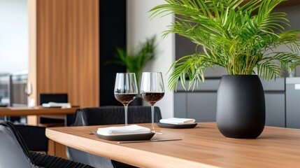 Fototapeta premium Elegant restaurant table setting with wine glasses and plant.
