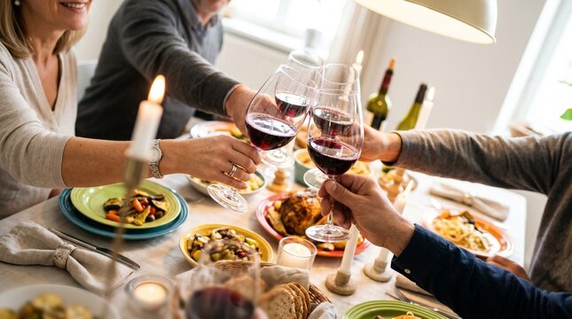 Fam&iacute;lia brindando com vinho tinto em um jantar festivo