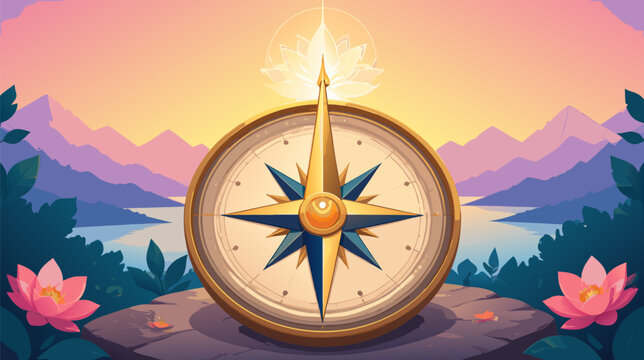 Minimalist flat vector illustration of a simple navigation compass pointing towards a spiritual direction, representing inner guidance, soul searching, and divine spiritual path finding.