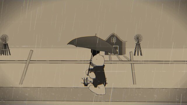 Teddy Bear with an Umbrella, Walking Through a Farm, Vintage Aesthetic