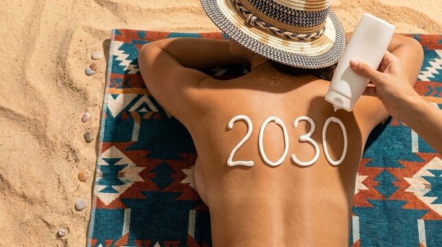 Pessoa com protetor solar escrito 2030 nas costas na praia