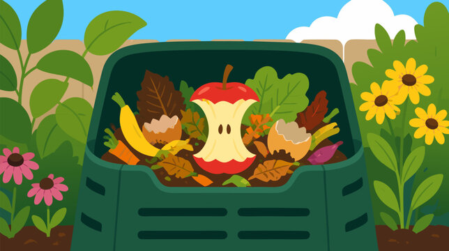Eco-friendly green compost bin with a discarded organic apple core, flat vector illustration highlighting waste management, recycling, sustainability, and environmental protection practices.
