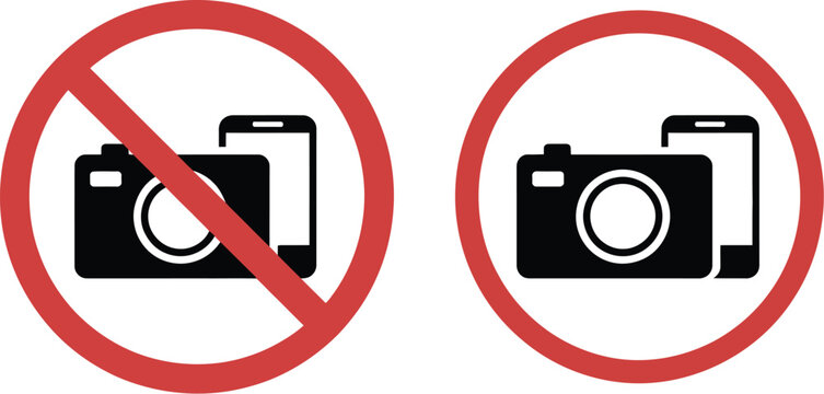 No photography allowed and photo allowed sign set with camera and smartphone icons inside red restriction circle warning symbols.