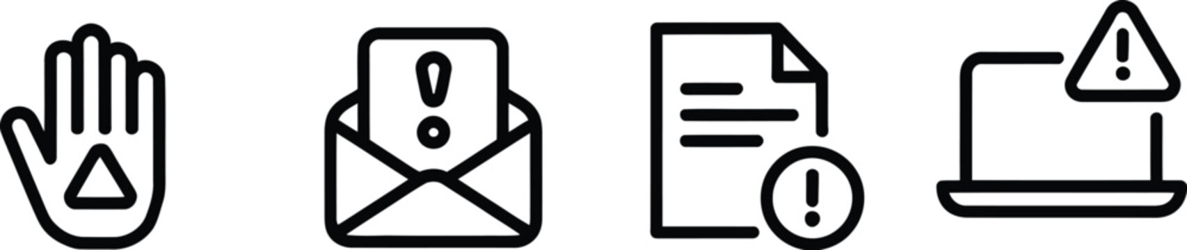 Security alert line icon set with hand stop danger envelope warning spam document error laptop computer vulnerability and hazard symbols.