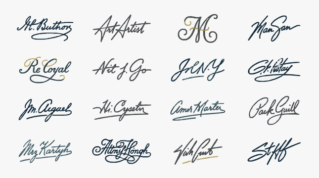 Collection of Handwritten Signatures and Calligraphy Examples.
