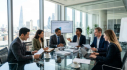 Fototapeta premium Soft focus blurred photo of Diverse professional business team having a meeting in a modern bright office with city views