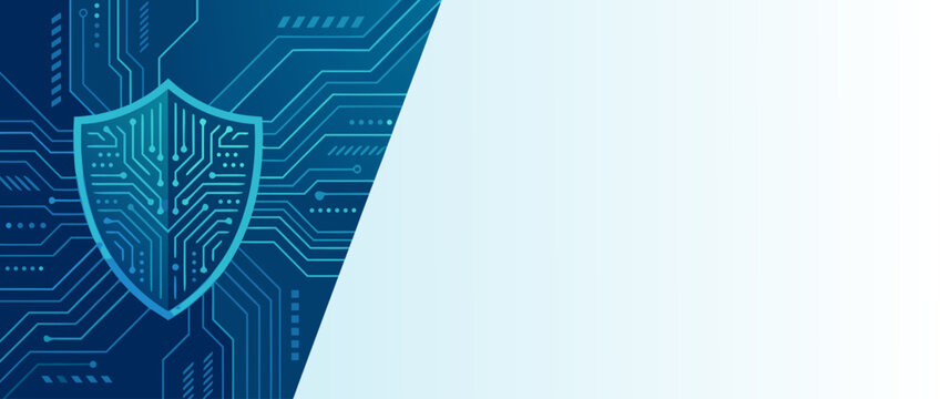 Futuristic panoramic vector illustration of a cybersecurity shield on an abstract digital background with circuit traces and data lines, representing network protection and secure data systems.