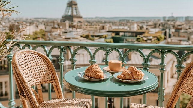 Paris France Europe lifestyle. A vivid, sunlit balcony scene features a table set with two croissants and a cup of coffee. The table is painted a vibrant green.