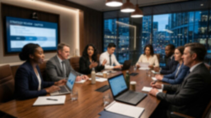 Fototapeta premium Soft focus blurred photo of Diverse professional business team having a serious meeting in a modern office boardroom with city view at night