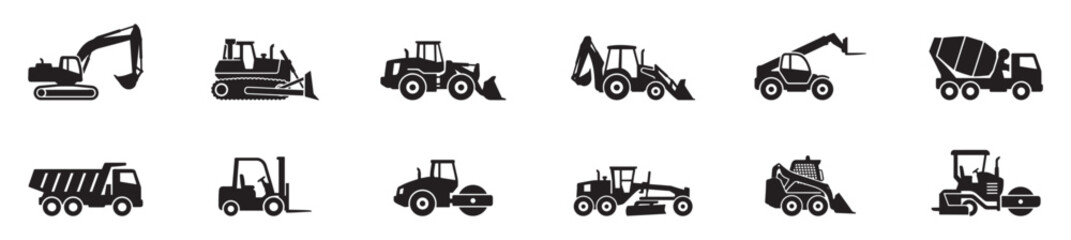 Construction vehicle icon set. Heavy machinery excavator symbol. Industrial tractor bulldozer logo. Transport builder truck sign. Vector illustration. Vector Graphic. EPS 10 © Jeremy_Show
