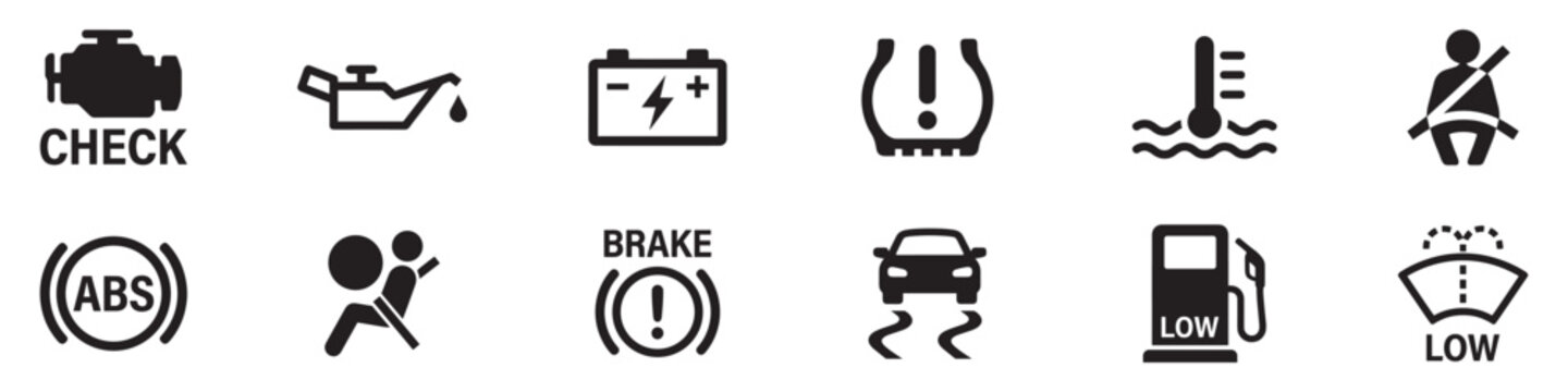 Cars dashboard icon set. Car dashboard warning icons. Car dashboard warning light symbols collection. Vector Illustration.