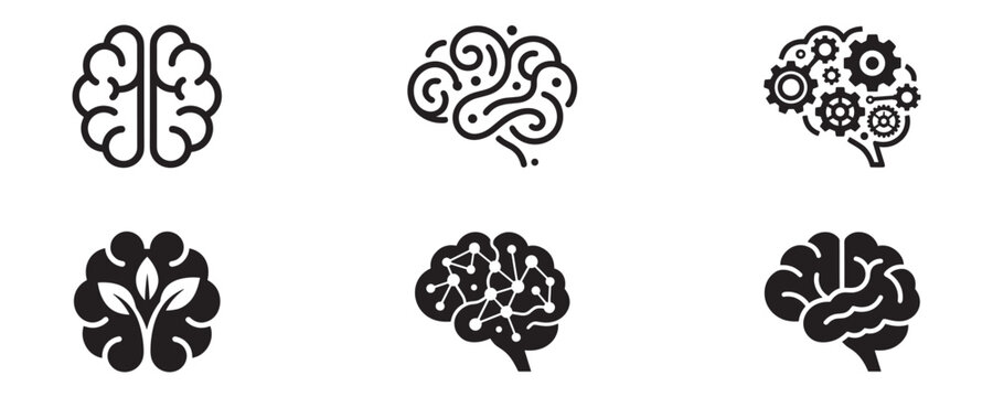 Brain icon set. Human mind intellect symbol. Artificial intelligence gear logo. Mental health logic creativity sign. Vector illustration. Vector Graphic. EPS 10