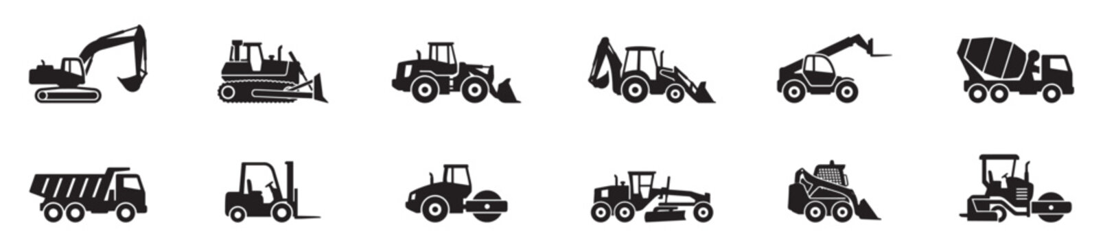 Construction vehicle icon set. Heavy machinery excavator symbol. Industrial tractor bulldozer logo. Transport builder truck sign. Vector illustration. Vector Graphic. EPS 10