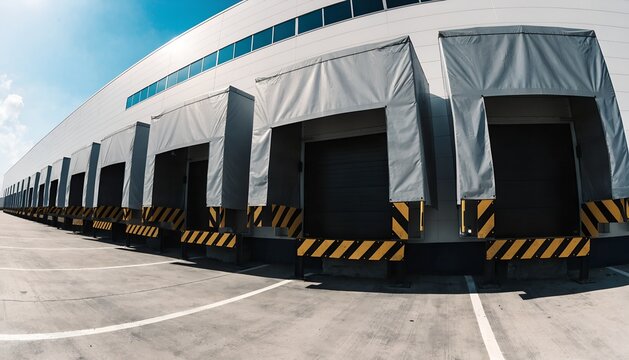 Aerial twin warehouse complexes with grey/blue roofs amid emerald and golden farmland. Tree lines, roads, azure sky. Logistics, supply chain infrastructure.