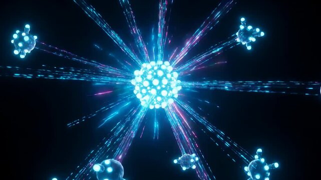 Magenta pulse sparking central nucleus pulsing, sending trails to connect satellites in black void
