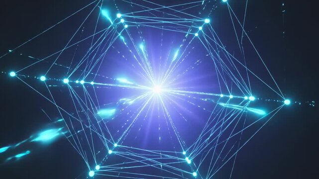 Pulsing pentagon net sending radial beams in dark void while incoming cyan streaks charging core
