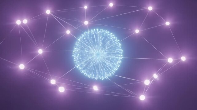Pulsing blue core sending streaks in purple haze, frames shifting, nodes reshaping connecting lines