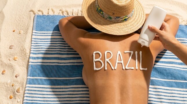 Aplica&ccedil;&atilde;o de protetor solar em forma de "BRAZIL" nas costas de uma pessoa na praia