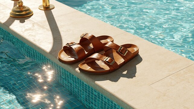 Hot Summer season lifestyle theme. A topdown view of a luxurious swimming pool. A pair of tan sandals with buckles rests on the edge of the pool. The pools water is a vibrant turquoise.