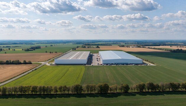 Aerial twin warehouse complexes with grey/blue roofs amid emerald and golden farmland. Tree lines, roads, azure sky. Logistics, supply chain infrastructure.