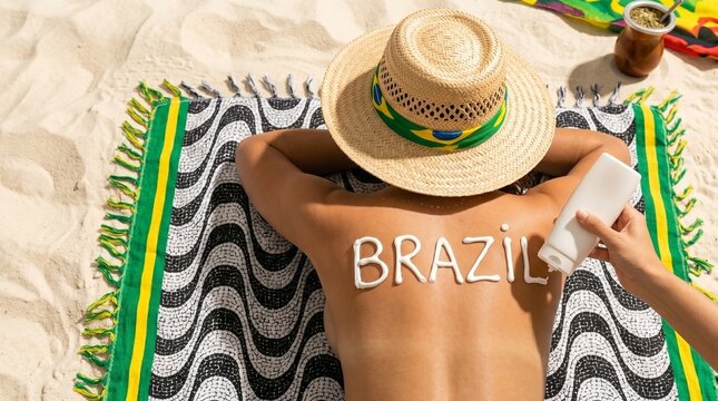 Pessoa na praia com protetor solar escrito "BRAZIL" nas costas e chap&eacute;u com a bandeira do Brasil